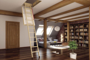 a photo of a Fakro attic ladder deployed in a stylish upstairs loft