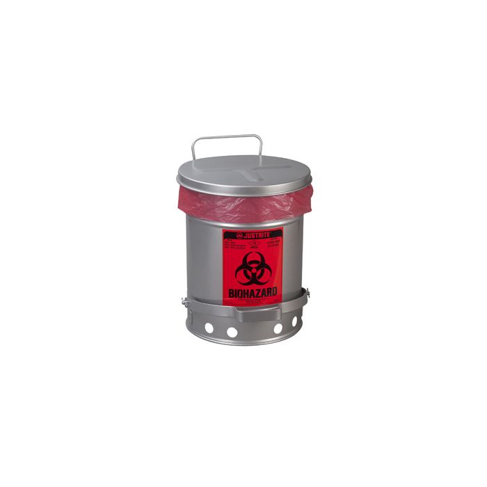 Justrite 05915 White Biohazard Waste Can with Foot-Operated Self-Closing SoundGuard Lid - 6 Gallon
