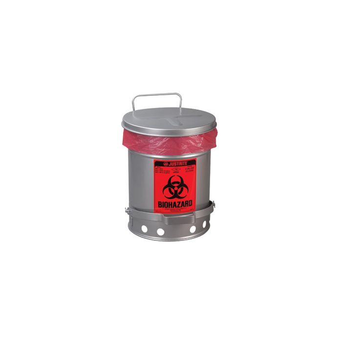 Justrite 05935 White Biohazard Waste Can with Foot-Operated Self-Closing SoundGuard Lid - 10 Gallon