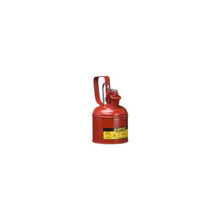 Justrite 10101 1 Quart Type I Red Steel Safety Can with Trigger Handle, Stainless Steel Flame Arrester & Self-Close Lid - Gas