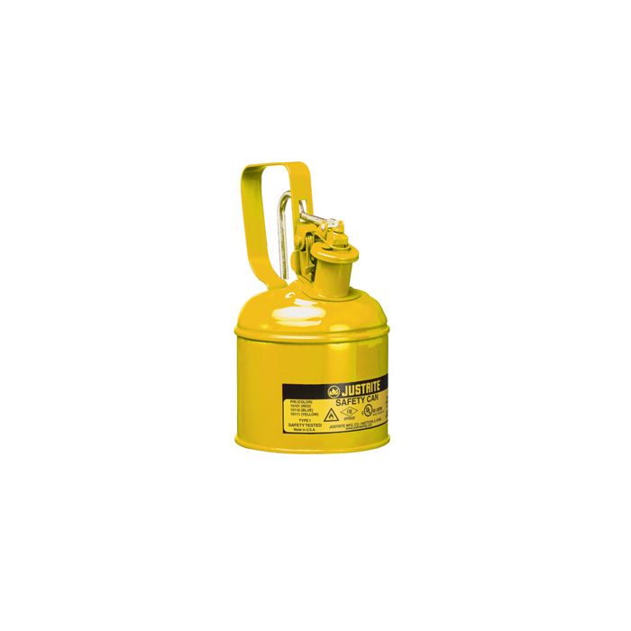 Justrite 10111 1 Quart Type I Yellow Steel Safety Can with Trigger Handle, Stainless Steel Flame Arrester & Self-Close Lid - Diesel