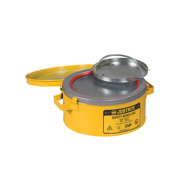 Justrite 10380 Yellow Steel Bench Can for Solvents with Parts Basket - 1 Gallon