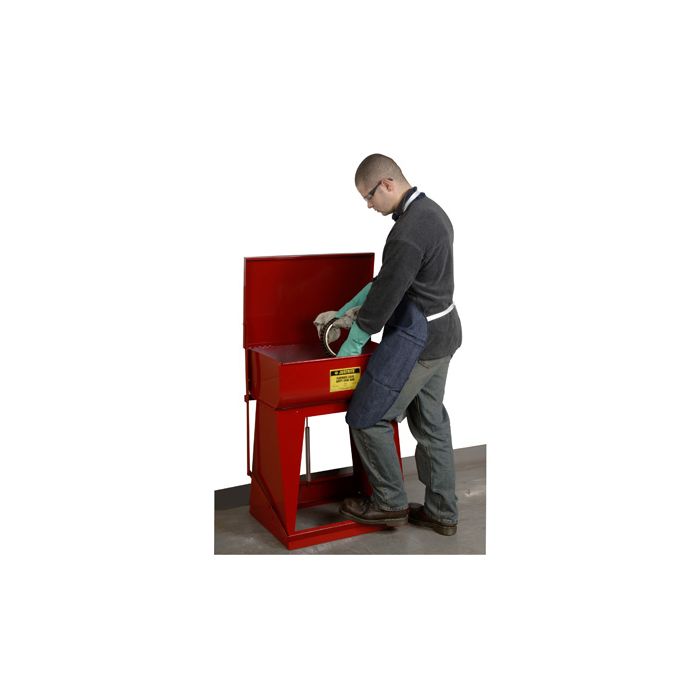 Justrite 27110 Red Floor Standing Steel Rinse Tank with Foot-Operated Self-Close Cover and Drain Plug - 11 Gallon