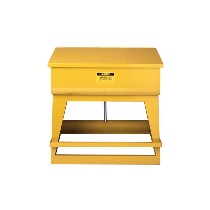 Justrite 27221 Yellow Floor Standing Steel Rinse Tank with Foot-Operated Self-Close Cover and Drain Plug - 22 Gallon