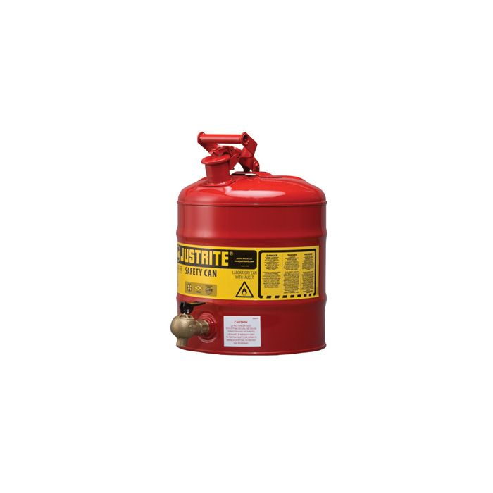 Justrite 7150140 Red Type I Steel Shelf Safety Can with Bottom Lab Style Faucet and Stainless Steel Flame Arrester - 5 Gallon
