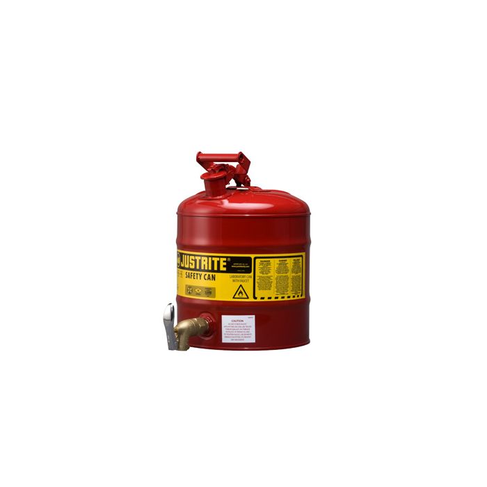 Justrite 7150150 Red Type I Steel Shelf Safety Can with Bottom Indutrial Style Faucet and Stainless Steel Flame Arrester - 5 Gallon
