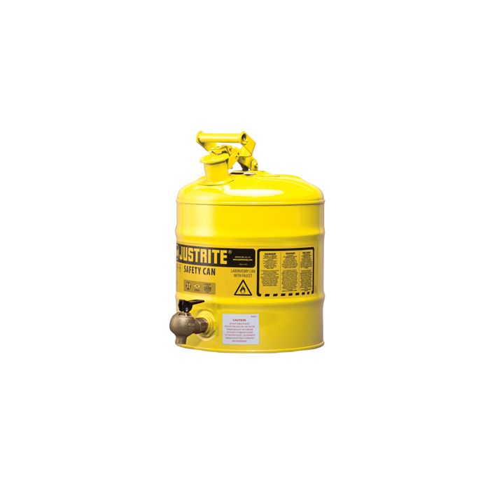 Justrite 7150240 Yellow Type I Steel Shelf Safety Can with Bottom Lab Style Faucet and Stainless Steel Flame Arrester - 5 Gallon
