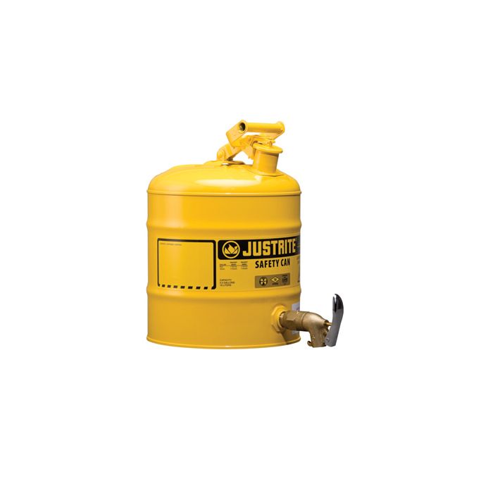 Justrite 7150250 Yellow Type I Steel Shelf Safety Can with Bottom Industrial Style Faucet and Stainless Steel Flame Arrester - 5 Gallon