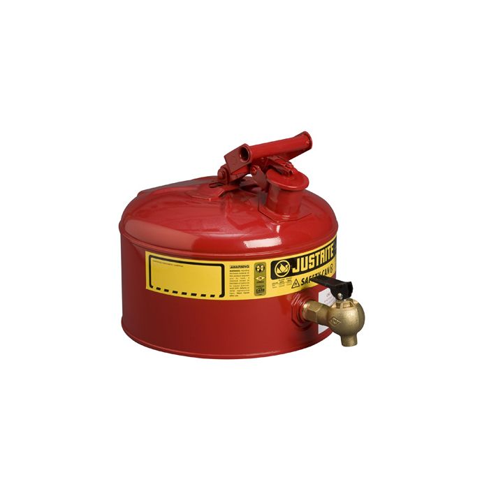 Justrite 7225140 Red Type I Steel Shelf Safety Can with Bottom Lab Style Faucet and Stainless Steel Flame Arrester - 2-1/2 Gallon