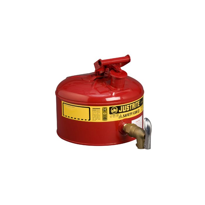 Justrite 7225150 Red Type I Steel Shelf Safety Can with Bottom Indutrial Style Faucet and Stainless Steel Flame Arrester - 2-1/2 Gallon