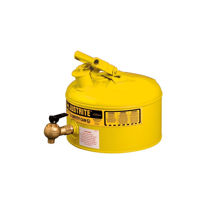 Justrite 7225240 Yellow Type I Steel Shelf Safety Can with Bottom Lab Style Faucet and Stainless Steel Flame Arrester - 2-1/2 Gallon