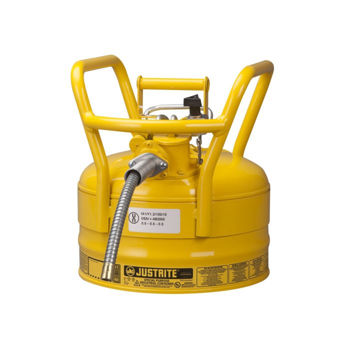 Justrite 7325220 Type 2 Accuflow D.O.T. Yellow Steel Safety Can for Diesel - 2.5 Gallon - 5/8