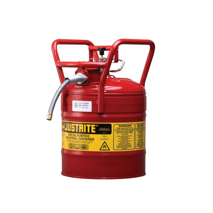 Justrite 7350110 Type 2 Accuflow D.O.T. Red Steel Safety Can for Gas - 5 Gallon - 5/8