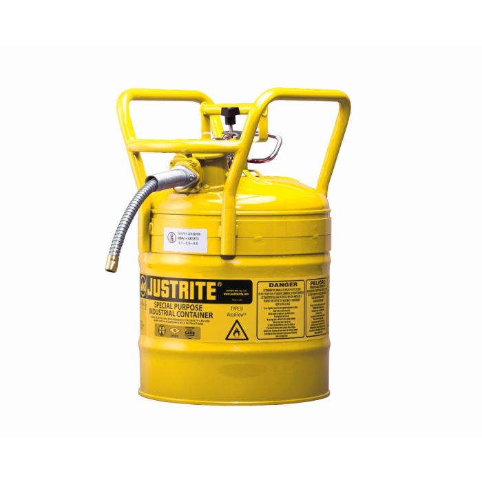 Justrite 7350210 Type 2 Accuflow D.O.T. Yellow Steel Safety Can for Diesel - 5 Gallon - 5/8