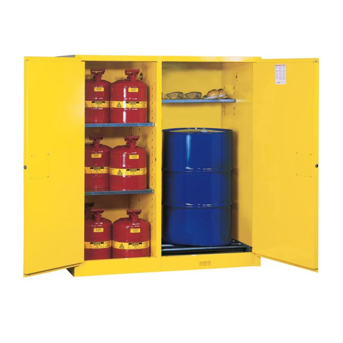 Justrite 899260 - 115 Gallon Manual Close Sure-Grip EX Double-Duty Vertical Drum Cabinet with Drum Rollers