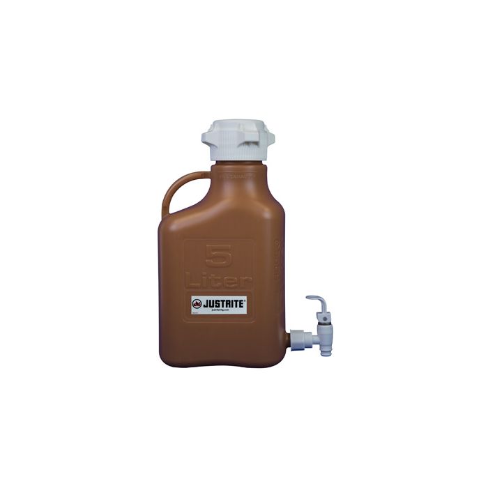 Justrite 12924 5L Amber High Density Polyethylene Carboy with Spigot and 83 mm Cap