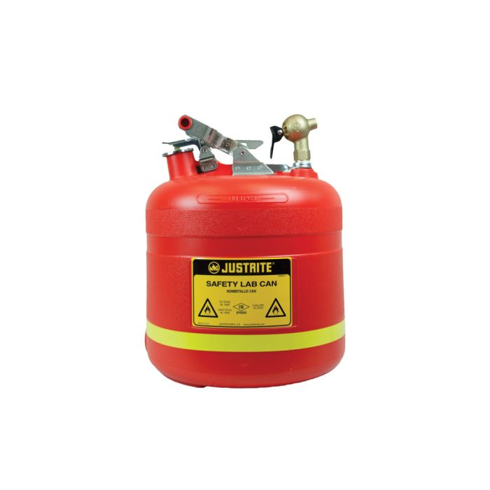 Justrite 14540 5-Gallon Polyethylene Dispensing Safety Can with Stainless Steel Hardware and Top Self-Close Brass Faucet - Flame Arrester