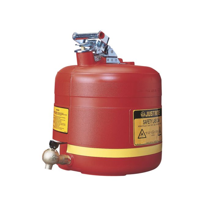 Justrite 14545 5-Gallon Polyethylene Safety Shelf Can with Stainless Steel Hardware and Bottom Self-Close Brass faucet - Flame Arrester