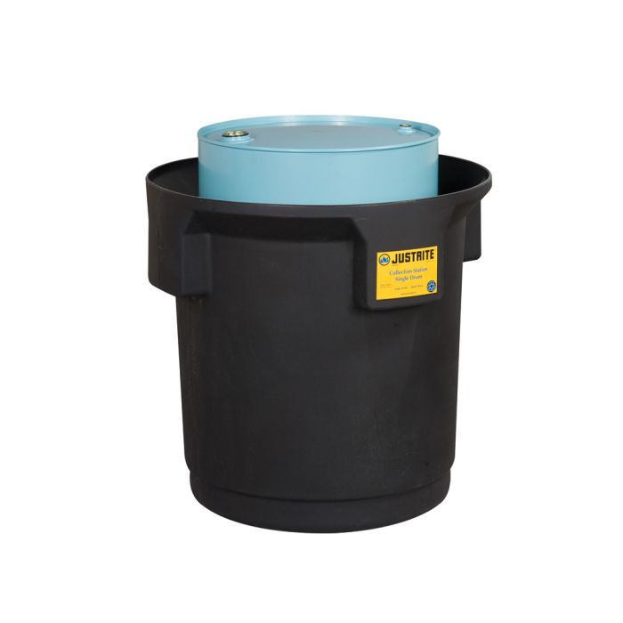 Justrite 28685 Ecopolyblend Single Drum Collection Center For 55-Gal. Drum with Optional Dolly - Recycled Content - Black