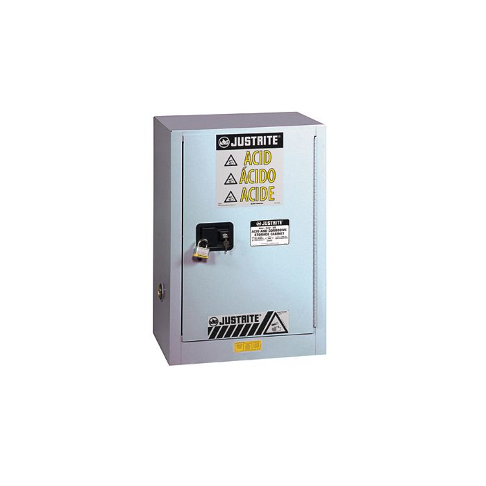 Justrite 8825042 Silver Chemcor Under Fume Hood Corrosives/Acids Safety Cabinet - 15 Gallon with 1 Shelf and 1 Manual Close Right Hand Door