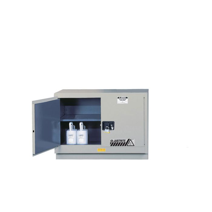 Justrite 8831042 Silver Chemcor Under Fume Hood Corrosives/Acids Safety Cabinet - 31 Gallon with 1 Shelf and 2 Manual Close Doors