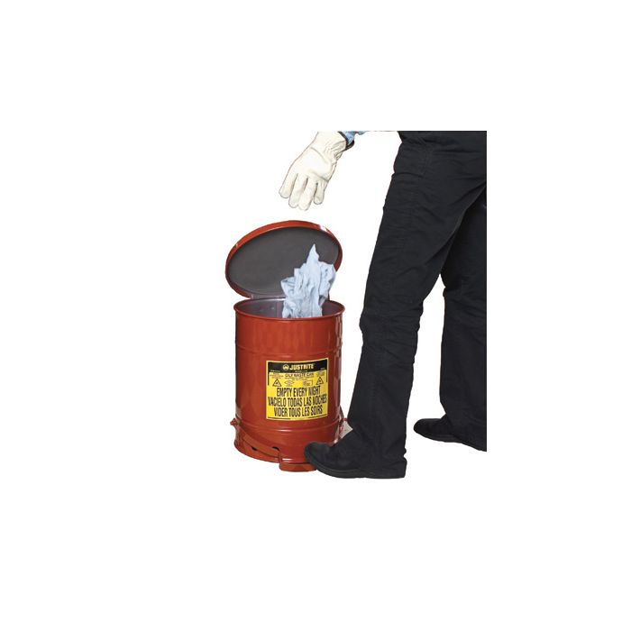Justrite Red Oily Waste Cans with Foot-Operated Self-Closing SoundGard Covers