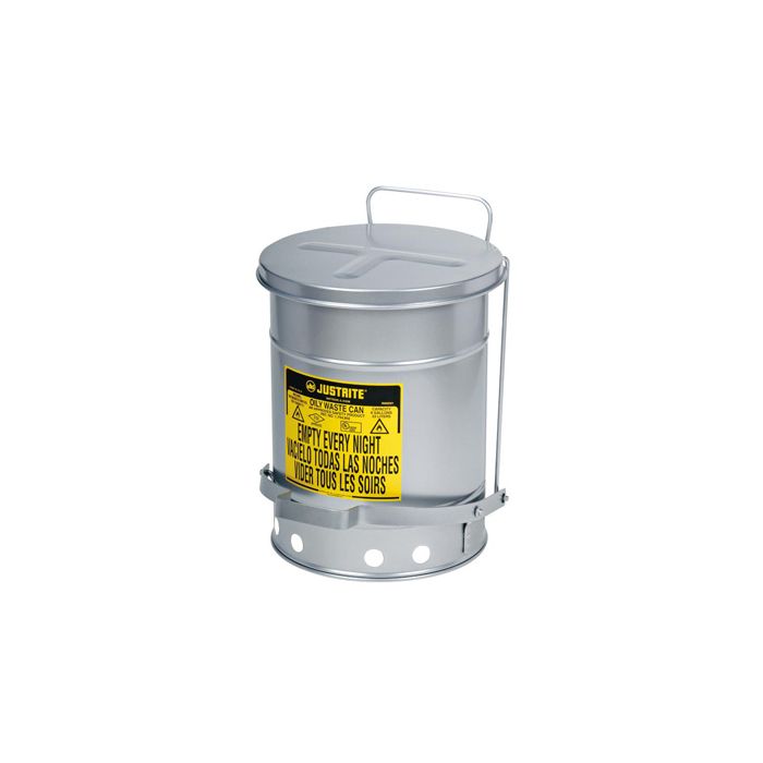 Justrite Silver Oily Waste Cans with Foot-Operated Self-Closing SoundGard Covers
