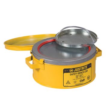 Justrite 10380 Yellow Steel Bench Can for Solvents with Parts Basket - 1 Gallon