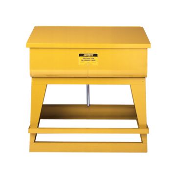 Justrite 27221 Yellow Floor Standing Steel Rinse Tank with Foot-Operated Self-Close Cover and Drain Plug - 22 Gallon