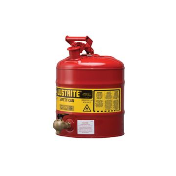 Justrite 7150140 Red Type I Steel Shelf Safety Can with Bottom Lab Style Faucet and Stainless Steel Flame Arrester - 5 Gallon