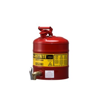 Justrite 7150150 Red Type I Steel Shelf Safety Can with Bottom Indutrial Style Faucet and Stainless Steel Flame Arrester - 5 Gallon