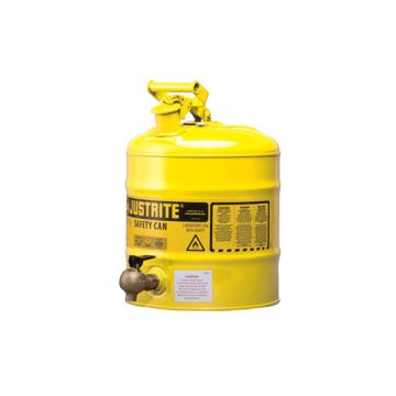 Justrite 7150240 Yellow Type I Steel Shelf Safety Can with Bottom Lab Style Faucet and Stainless Steel Flame Arrester - 5 Gallon