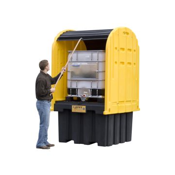 Justrite 28677 Ecopolyblend IBC Outdoor Shed Spill Pallet with Roll Top Doors and Forklift Pockets