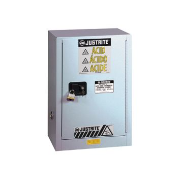 Justrite 8825042 Silver Chemcor Under Fume Hood Corrosives/Acids Safety Cabinet - 15 Gallon with 1 Shelf and 1 Manual Close Right Hand Door