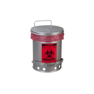 Justrite 05914 Silver Biohazard Waste Can with Foot-Operated Self-Closing SoundGuard Lid - 6 Gallon