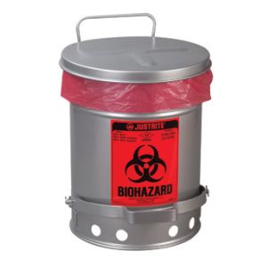 Justrite 05934 Silver Biohazard Waste Can with Foot-Operated Self-Closing SoundGuard Lid - 10 Gallon