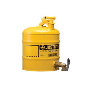 Justrite 7150250 Yellow Type I Steel Shelf Safety Can with Bottom Industrial Style Faucet and Stainless Steel Flame Arrester - 5 Gallon