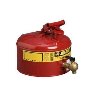 Justrite 7225140 Red Type I Steel Shelf Safety Can with Bottom Lab Style Faucet and Stainless Steel Flame Arrester - 2-1/2 Gallon
