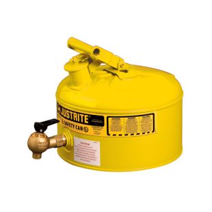 Justrite 7225240 Yellow Type I Steel Shelf Safety Can with Bottom Lab Style Faucet and Stainless Steel Flame Arrester - 2-1/2 Gallon
