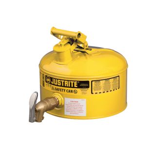 Justrite 7225250 Yellow Type I Steel Shelf Safety Can with Bottom Indutrial Style Faucet and Stainless Steel Flame Arrester - 2-1/2 Gallon
