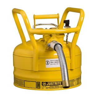 Justrite 7325230 Type 2 Accuflow D.O.T. Yellow Steel Safety Can for Diesel - 2.5 Gallon - 1" Metal Hose