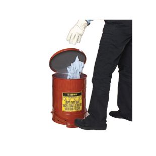 Justrite Red Oily Waste Cans with Foot-Operated Self-Closing SoundGard Covers