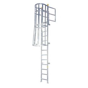 Precision FLWC Series Fixed Aluminum Ladders with Walk-Thru Handrails and Cage