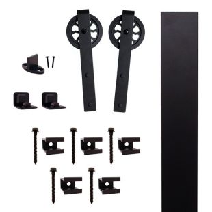Quiet Glide QG.FR1300.HK5.08 Flat Rail Hook Strap Style Rolling Door Hardware Kit with 5" Roller - Black - Fits Doors Up to 1-1/2"