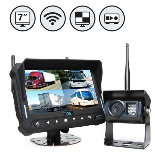 Rear View Safety Wireless Backup Camera Systems with 7" QuadView Monitors