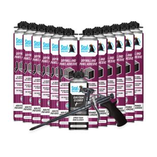 Seal Spray SEALPA12GC Drywall and Panel High Performance Aerosol Adhesive - Pack of 12 Cans / Gun / and Cleaner