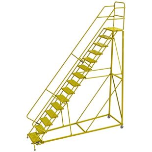 Tri-Arc KDEC115246-Y - 15  Step 50&deg; Safety Angle Steel Rolling Ladder with 24" Wide Serrated Treads - Safety Yellow