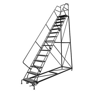 Tri-Arc KDEC115246 - 15  Step 50&deg; Safety Angle Steel Rolling Ladder with 24" Wide Serrated Treads