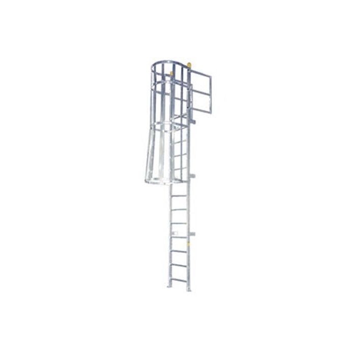 Precision FLWC Series Fixed Aluminum Ladders with WalkThru Handrails and Cage