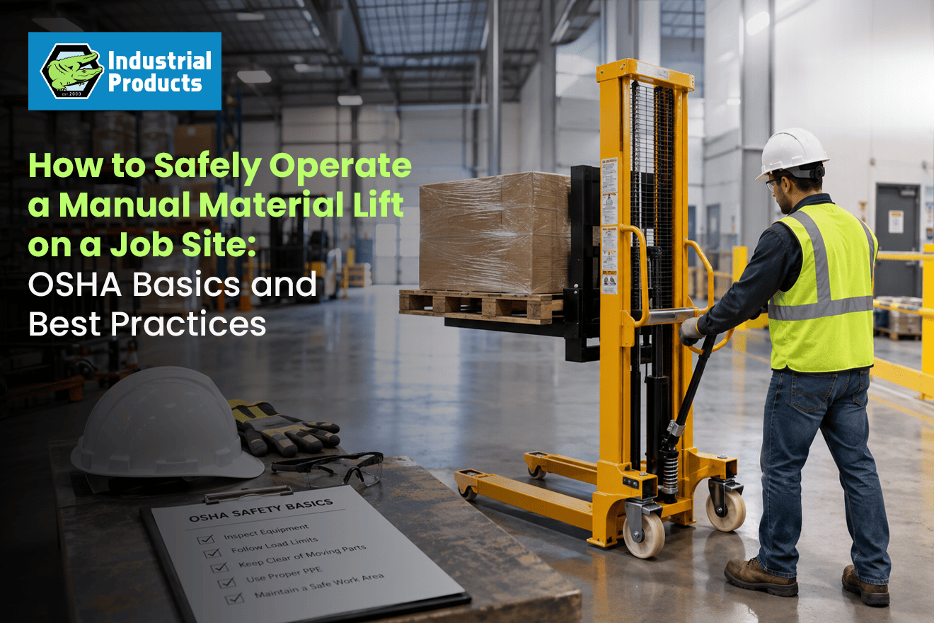 Worker safely operating a manual material lift on a job site